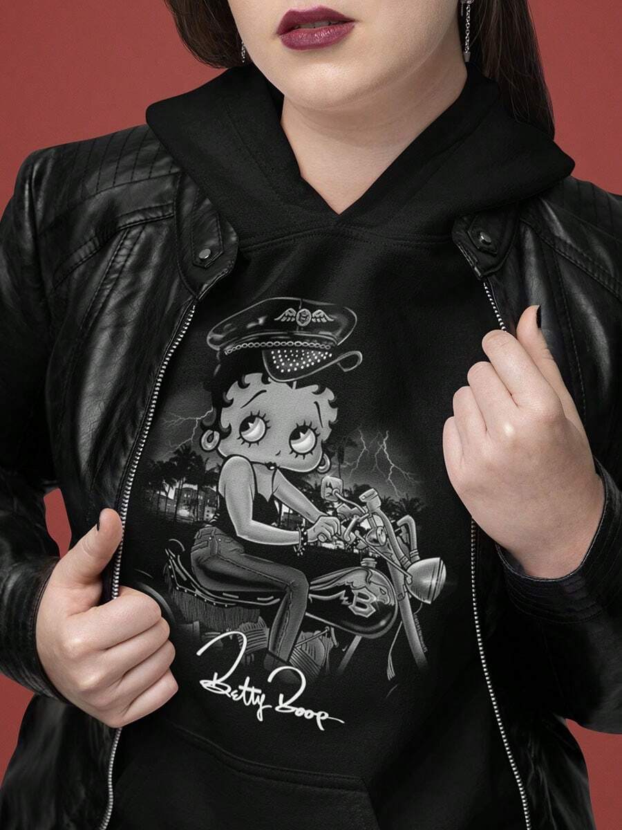 Betty Boop Womens Graphic Fleece Lined Pullover Hoodie Cute Vintage Retro Animated Sassy Cartoon Character Biker Chick Ladies Casual Fashion Cotton Printed Thermal Lined Drawstring Hooded Sweatshirt Kangaroo Pocket - 黑色 - 查看 1