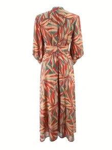 Allover Print Crew Neck Kaftan Dress, Elegant Long Sleeve A-Line Flowy Maxi Dress, Women's Clothing