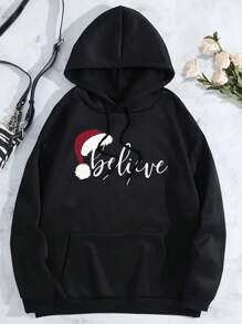 Cool Christmas Printed Loose Solid Color Sweatshirt, Autumn/Winter - Black - View 1