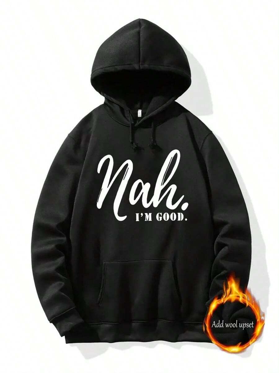 "I'M GOOD" Printed Men's Graphic Hoodie - Comfortable Casual Pullover With Eye-Catching Design, Hooded Sweatshirt For Fall/Winter, Complete With Handy Pocket - Gift Choice For Thanksgiving And Christmas Day - màu đen - Xem 1
