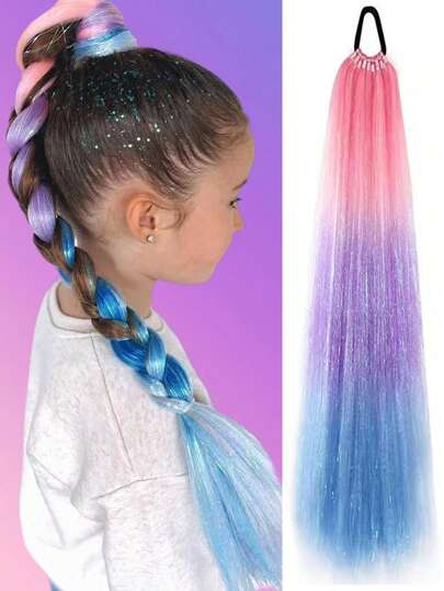28-Inch Ombre Braided Ponytail Hair Extensions With Headband And Shiny Hair Accessories, Synthetic Colorful Braided Hair Extensions Suitable For Children And Girls, Rainbow Holiday Party Funky Hair Decor