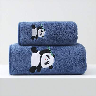 1 Pc Coral Fleece Microfiber Bath Towel/1 Set (Bath Towel + Hand Towel) With Panda Embroidery, Thick, Super Absorbent, Lint-Free, Soft & Skin-Friendly, Ideal For Bathroom Use, Face & Body Drying Home Bathroom Decor Fall Decor Back To School For Beauty Salon Home Bathroom Shower Towels For Beaty Salon, Hotel Sports,Home Essentials, Towel, Skin Care Bath Towel Sheet
