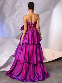 Strapless Bow Formal Prom Gowns With Multi-Layer Puffy Hem Long Crystal Sparkly Evening Gowns For Women, Lace Up Back Homecoming Party Dress Wedding Guest Dress