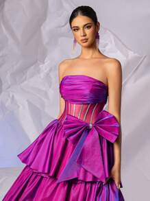 Strapless Bow Formal Prom Gowns With Multi-Layer Puffy Hem Long Crystal Sparkly Evening Gowns For Women, Lace Up Back Homecoming Party Dress Wedding Guest Dress