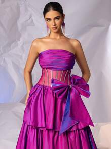 Strapless Bow Formal Prom Gowns With Multi-Layer Puffy Hem Long Crystal Sparkly Evening Gowns For Women, Lace Up Back Homecoming Party Dress Wedding Guest Dress