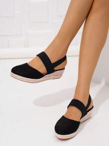 女士时尚休闲度假草编坡跟凉鞋 - 黑色 - 查看 4