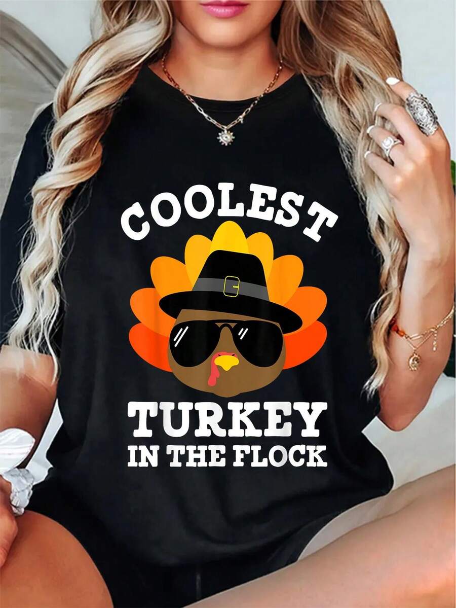 Thanksgiving Shirts For Men Boys Coolest Turkey T-Shirt Cotton Shirt - Black - View 1