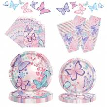 10 Stücke Schmetterlingsmuster Pappteller, Becher, Servietten, Einwegteller, Party Teller Kuchen Dessert Teller, Geschirr-Set Zubehör für Hochzeit, Alltag, Abendessen, Geburtstag, Ferien, Picknick, Abschluss Rosa - Verschiedenfarbig - Übersicht 2