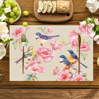 1/4/6 件餐垫，春季花卉和鸟类图案，涤纶亚麻材质餐桌垫，厨房装饰餐垫，适用于餐厅、家庭聚会、户外派对