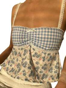 Women Y2k Plaid Floral Print Camisole Cute Lace Trim Sleeveless Sling Tank Tops Summer Slim Fit Vests Crop Tops Streetwear - Lake Blue - View 1