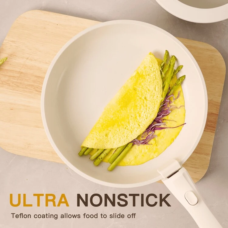 22 Piece Ceramic Pots And Pans Set Non Stick, Cookware Set With Detachable Handles, Oven , Induction Ready, Stackable RV Kitchen Cooking Set, White