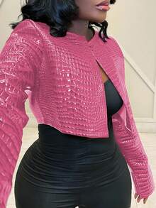 Chaqueta corta de estilo urbano, blusa casual de cuello redondo de unicolor - Rosa Fucsia - Ver 4