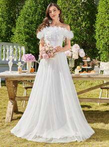 UNITHORSE Brautkleid mit Schulterausschnitt, bestickter Quastenapplikation, geraffte Raffung und transparenten Partien, Slimming Passform, Weiß, Brautparty Outfit für Frauen