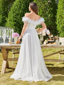 UNITHORSE Brautkleid mit Schulterausschnitt, bestickter Quastenapplikation, geraffte Raffung und transparenten Partien, Slimming Passform, Weiß, Brautparty Outfit für Frauen