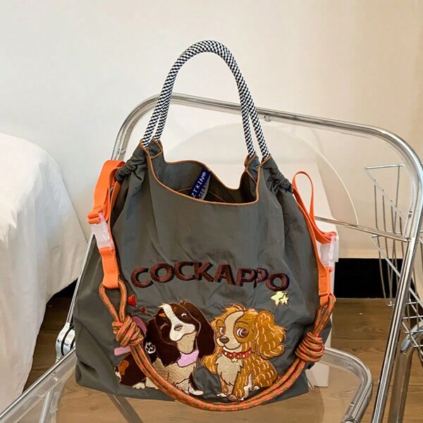 Stilvolle Damen Einkaufstasche aus Nylon, Stofftasche mit Hund Stickereimuster, leichte Schultertasche, Umhängetasche, Pendlertasche, Überraschungsgeschenk mit verstellbarem Schultergurt, vielseitig einsetzbare Tasche mit großem Fassungsvermögen