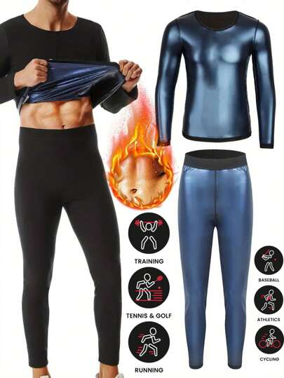 1 Set 2025 New Men's Outdoor Running/Fitness Long Sleeve Top + Long Pants, Sweat Suit For Weight Loss, With Zipper Waist Training Outfit, Suitable For Autumn & Winter, Sauna Sweat Shirt + Sauna Sweat Pants, Shapewear, Tightens Abdomen And Waist, Sauna Sports Clothes, Sauna Sports Pants, Sauna Exercise Sweating Shapewear, Men's Sauna Outfit, Sauna Set Gym Accessories