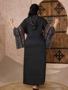 ASBB 重工刺繡金色阿拉伯女款 JALABIYA 連衣裙，附流蘇 V 領與帽子，黑色優雅禮服，2026 秋季度假派對休閒穿搭 - 黑色 - 查看 10