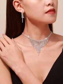 1pc Exaggerated Fashionable Personalized Rhinestone Silver Tassel Necklace, Design Suitable For Women Party Wear - Silver - View 8