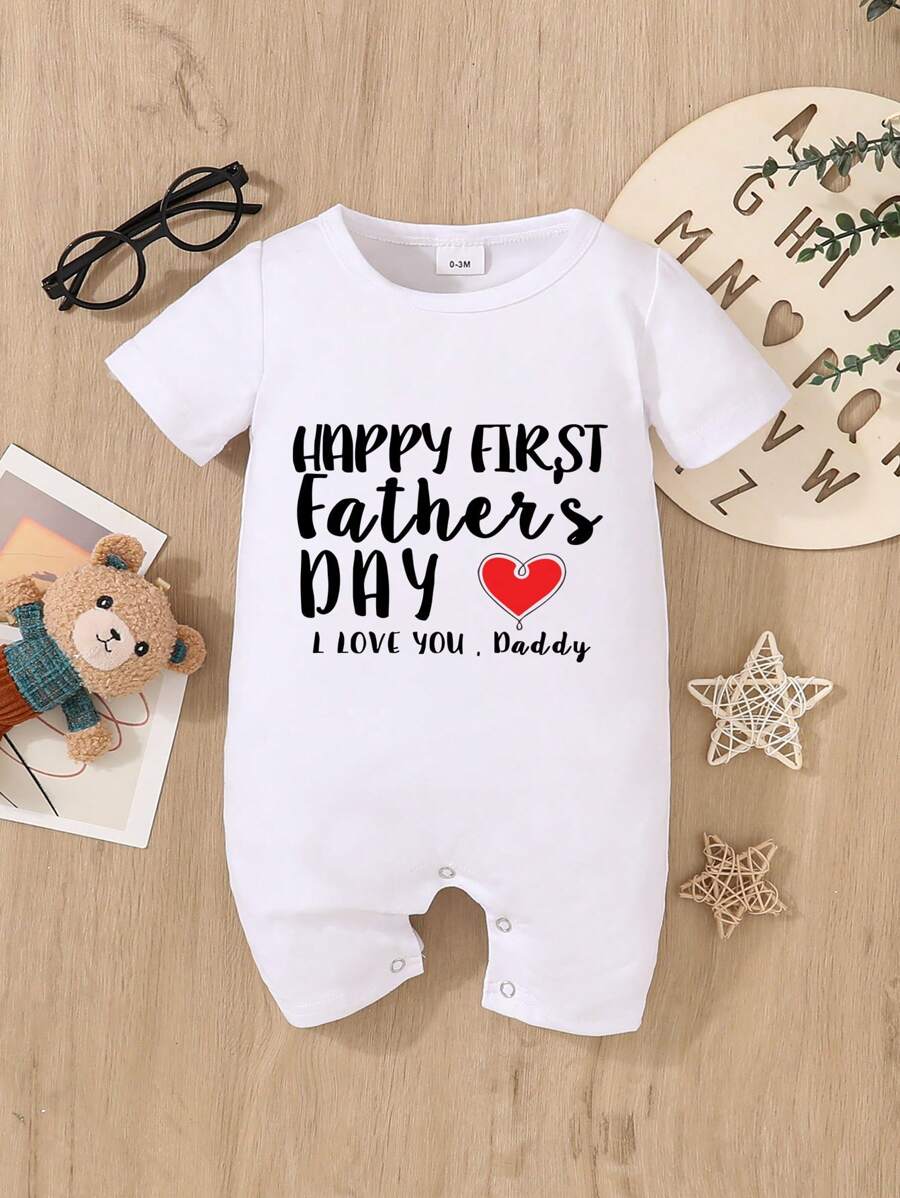 Summer Baby Boy Girl Father's Day Casual Cute Letter Print Round Neck Short Sleeve Jumpsuit Crawler - White - View 1