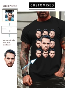 Customized Personalized Men's Short Sleeve Loose Round-Neck T-Shirt With Faces, Your Own Photo/Logo For Couples, Family, Gifts, Customizable T-Shirt For Husband Or Boyfriend Or Girlfriend Or Team Or Birthday