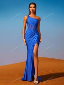 AOSHABABI Women Blue Front High Slit Waist Sheer Net Fishbone Seam Sleeveless Asymmetrical Neck Adjustable Strap Backless Tie-Up Zipper Ruffle Hem Formal Evening Dress (Embellished Version), Suitable For All Formal Occasions, Music Festivals, Formal Dinners, Wedding Guest, Festival Parties, Graduations, Cocktail Parties, Dates, Holidays And Bridal Party