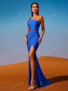 AOSHABABI Women Blue Front High Slit Waist Sheer Net Fishbone Seam Sleeveless Asymmetrical Neck Adjustable Strap Backless Tie-Up Zipper Ruffle Hem Formal Evening Dress (Embellished Version), Suitable For All Formal Occasions, Music Festivals, Formal Dinners, Wedding Guest, Festival Parties, Graduations, Cocktail Parties, Dates, Holidays And Bridal Party