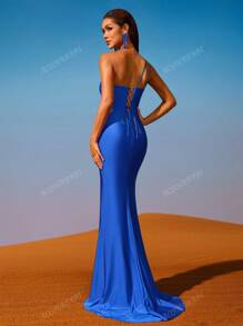 AOSHABABI Women Blue Front High Slit Waist Sheer Net Fishbone Seam Sleeveless Asymmetrical Neck Adjustable Strap Backless Tie-Up Zipper Ruffle Hem Formal Evening Dress (Embellished Version), Suitable For All Formal Occasions, Music Festivals, Formal Dinners, Wedding Guest, Festival Parties, Graduations, Cocktail Parties, Dates, Holidays And Bridal Party