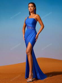 AOSHABABI Women Blue Front High Slit Waist Sheer Net Fishbone Seam Sleeveless Asymmetrical Neck Adjustable Strap Backless Tie-Up Zipper Ruffle Hem Formal Evening Dress (Embellished Version), Suitable For All Formal Occasions, Music Festivals, Formal Dinners, Wedding Guest, Festival Parties, Graduations, Cocktail Parties, Dates, Holidays And Bridal Party