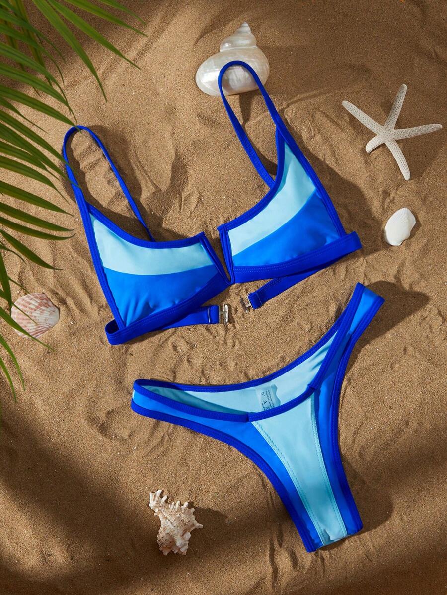 Women's Contrast Color Spaghetti Strap Top And High Cut Bottom Sports Bikini Swimwear Set, For Summer Beach Vacation Elegant - Multicolor - View 1