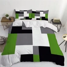 Bộ 3 vỏ chăn họa tiết kẻ caro xanh đen xám (1 vỏ chăn + 2 vỏ gối, không có lõi), trang trí phòng ngủ họa tiết thời trang, bộ chăn ga mềm mại và thoải mái - Nhiều màu - Xem 5