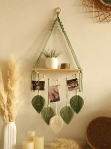 1pc Handmade Woven Wall Hanging Shelf, Bohemian Style Woven Leaf Decor, Wooden Floating Shelf, Suitable For Bathroom, Bedroom, Living Room Or Room Decor, No Clips Included, Home Decor, Room Decor, Wall Decor Gift, Birthday Graduation Gift - Green - View 13