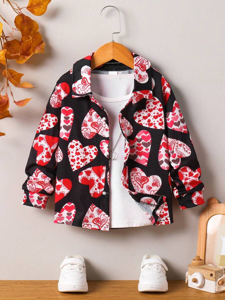 Toddler Boys' Heart Print Long Sleeve Shirt, Suitable For Spring, Valentine's Day - Red and Black - View 1