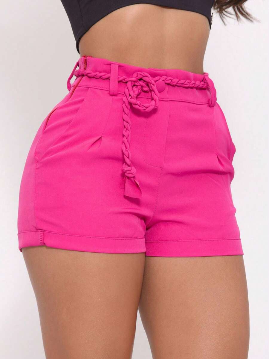 WOMEN'S TAILORED SHORTS IN LIGHTWEIGHT, REINFORCED FABRIC WITH FOLDED EDGE AND BODY-FORMING BELT - 粉色 - 查看 1