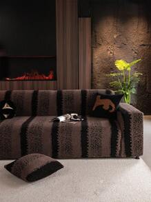 1 件双色提花毛绒沙发套，松紧腰部柔软温暖冬季沙发套，宠物友好型防水防滑，适合单人/双人沙发/3 人座/4 人座沙发，包括配套靠垫套 - 咖啡棕 - 查看 9