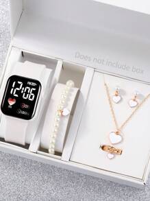 6件套心形数字显示电子手表，女孩可爱手表，学生礼物