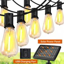 50ft Solar Outdoor String Lights Decoration - USB Rechargeable Solar Powered Outdoor Patio Lights, Larger 3.5W Solar Panel , Dimmable Shatterproof ST38 Bulbs For Backyard, Porch, Garden, Pool Christmas Decorations Home Christmas Gifts Christmas Decor