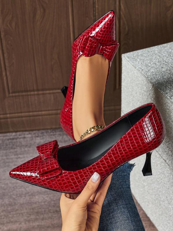 Women's Bow Decor High Heel Shoes - Sexy Pointed Toe - Red Slip-On Pumps - Fashion Party Shoes - PU Material