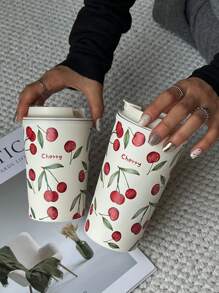 1 件 350ml-450ml（11.8oz-15.2oz）双层不锈钢隔热玻璃杯，水彩樱桃风格旅行杯，可重复使用杯子，适用于办公室、家庭、户外、汽车，是节日、生日、情人节、返校的好礼物