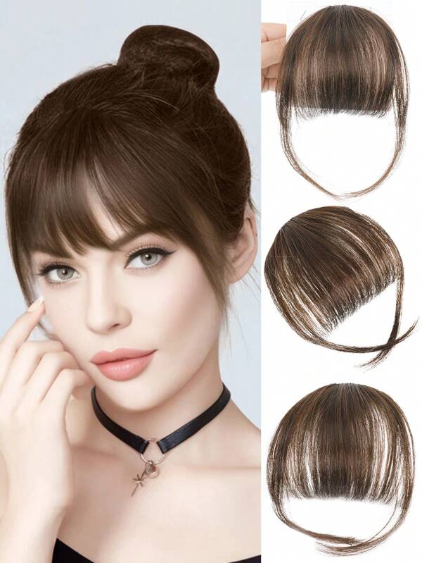 Clip In Bangs 100% Real Human Hair Extensions Wispy Bangs Dark Brown Natural Bangs Hair Clip On Bangs Air Bangs Fringe With Temples Hairpieces For Women For Daily Wear