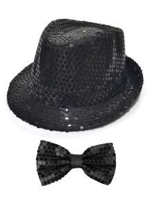 Forever & Moment Ensemble de 2 pièces d'accessoires disco pour femmes des années 1970 : nœud papillon pailleté et brillant, réglable au cou, en couleur unie, et casquette disco étincelante pour le bal des finissants