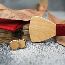 Handcrafted Maple Wooden Bowknot Gift Set - Includes Cufflinks Pocket Square & Gift Box, Perfect For Christmas Gifts, Halloween Decorations, New Year Presents, Weddings, And Party Accessories For Men