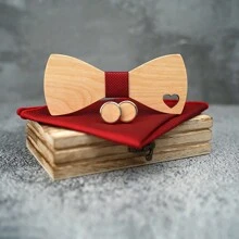Handcrafted Maple Wooden Bowknot Gift Set - Includes Cufflinks Pocket Square & Gift Box, Perfect For Christmas Gifts, Halloween Decorations, New Year Presents, Weddings, And Party Accessories For Men