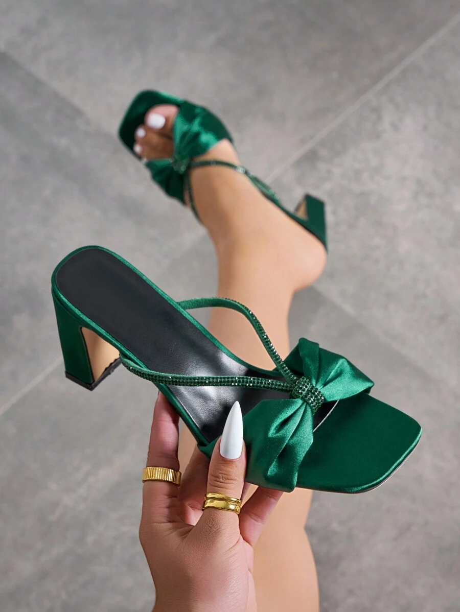New Arrival Spring/Summer Crystal Crossing Design Satin Open Toe Bowknot Accent High Heel Sandals For Women - Dark Green - View 1