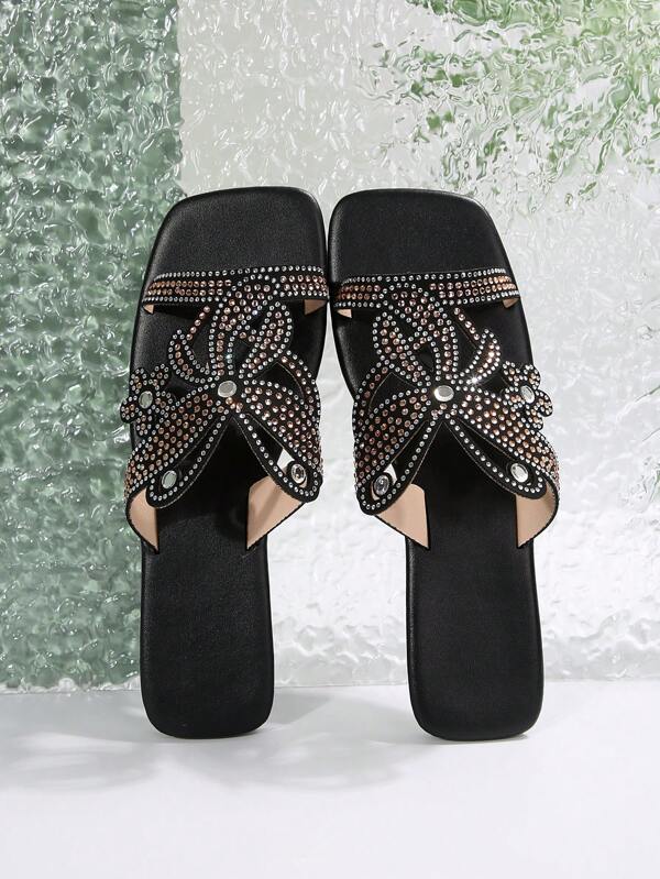 New Plus Size Women Laser Cutout Rhinestone Embellished Sandals, Fashionable Comfortable Elegant Casual Flat Slip-On Slippers