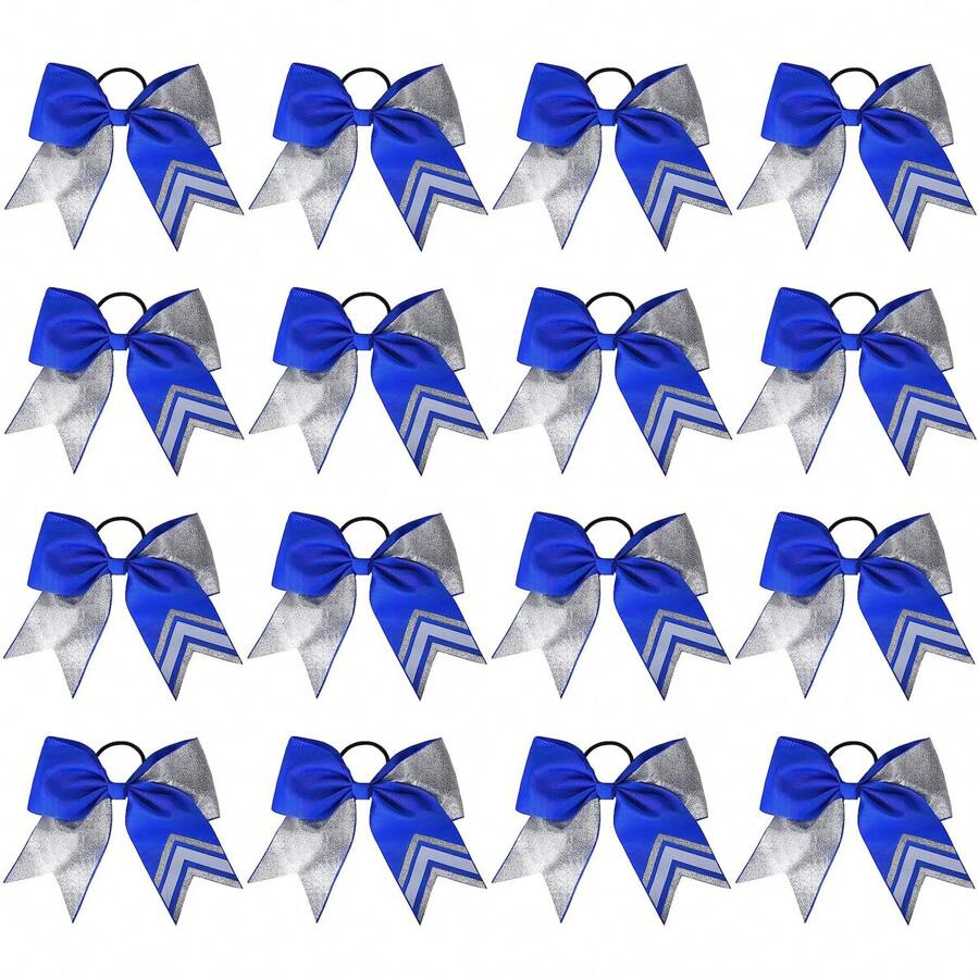 16PCS 8" Two Toned Large Glitter Cheer Bows Shiny Cheer Hair Bows Ponytail Holder Handmade For Cheerleader Girls Softball Sports - 閃銀寶藍色 - 查看 1