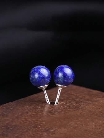 1 Pair 6 Or 8mm Round Lapis Lazuli And S925 Stud Elegant Earrings For Women Daily Life Or Party