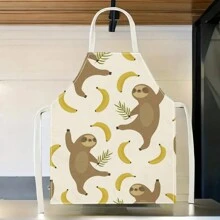 1pc Linen Apron With Banana, Sloth Pattern, Creative Funny And Fashionable Print For Home Cleaning, Waterproof, Oil-Proof, Easy To Clean, Suitable For Kitchen Cooking, Baking, Work Wear