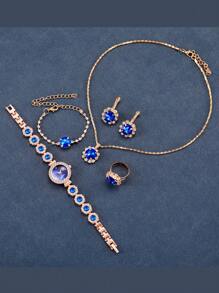 6 bucăți/Set Cadran cu stras de modă de lux, lunetă din safir și ceas cu quartz din oțel inoxidabil + brățară elegantă din safir, potrivită pentru purtarea zilnică, ziua de naștere, aniversarea, cadou de Halloween