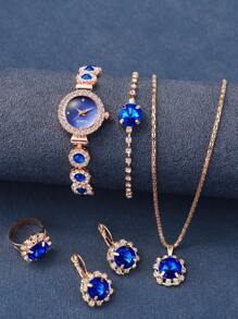 6 bucăți/Set Cadran cu stras de modă de lux, lunetă din safir și ceas cu quartz din oțel inoxidabil + brățară elegantă din safir, potrivită pentru purtarea zilnică, ziua de naștere, aniversarea, cadou de Halloween