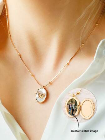 DIY Customizable New Item Butterfly Shell Photo Album Photo Frame Openable Necklace, French Retro Customizable Photo Necklace, Luxurious Sophisticated Collarbone Necklace, Gift For Girlfriend, Friend